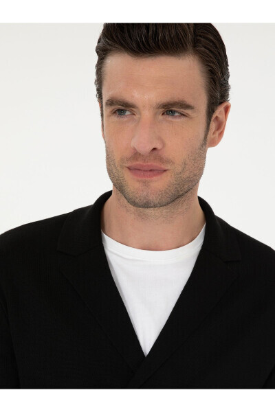 Black slim fit wool blend shawl collar knitted cardigan - CACHAREL (1)