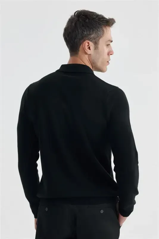 Black Slim Fit Wool Buttoned Polo Neck Knitwear - 4