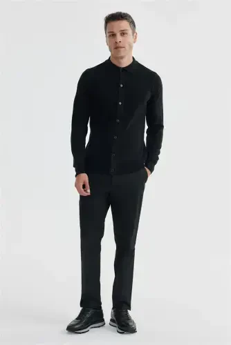 Black Slim Fit Wool Buttoned Polo Neck Knitwear - JAKAMEN (1)
