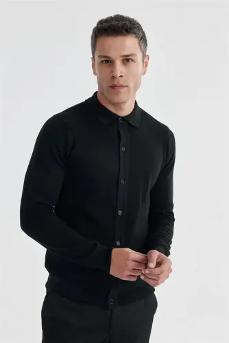 Black Slim Fit Wool Buttoned Polo Neck Knitwear - 1