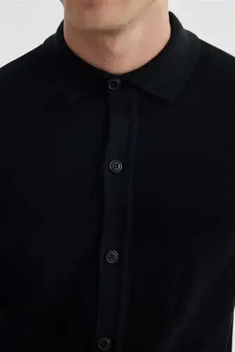 Black Slim Fit Wool Buttoned Polo Neck Pullover - 1