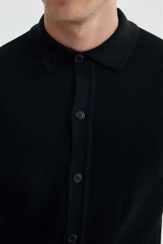 Black Slim Fit Wool Buttoned Polo Neck Pullover - 1