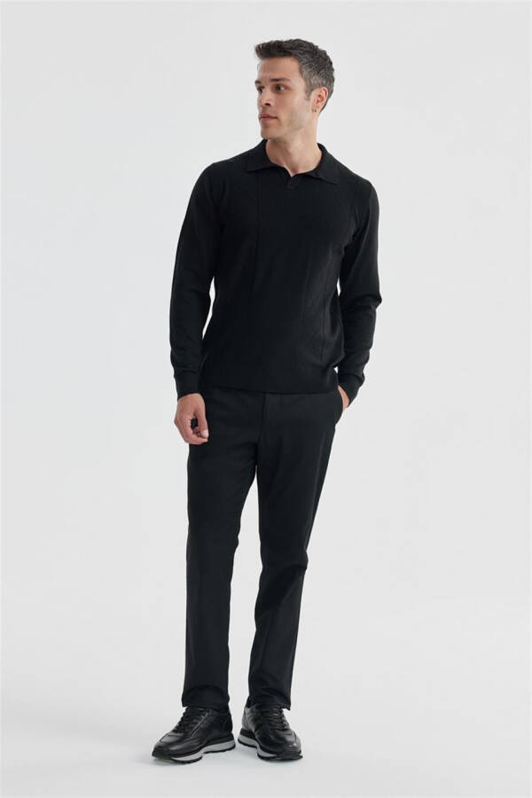 Black Slim Fit Wool Cashmere Blend Patterned Polo Neck Jumper - 2