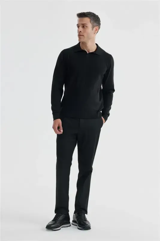 Black Slim Fit Wool Cashmere Blend Patterned Polo Neck Knit - 2