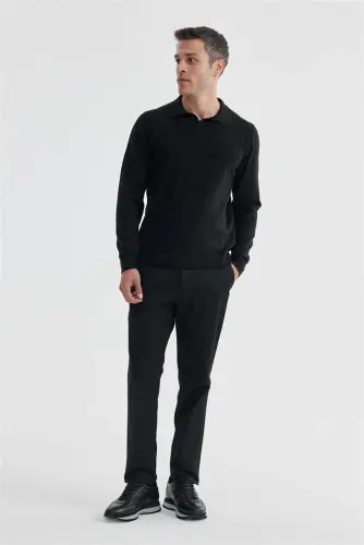 Black Slim Fit Wool Cashmere Blend Patterned Polo Neck Knitwear - JAKAMEN (1)