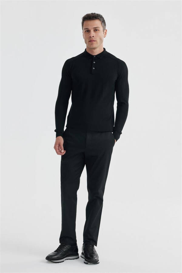 Black Slim Fit Wool Patterned Polo Neck Sweater - 1