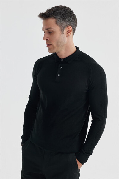 Black Slim Fit Wool Patterned Polo Neck Sweater - 2