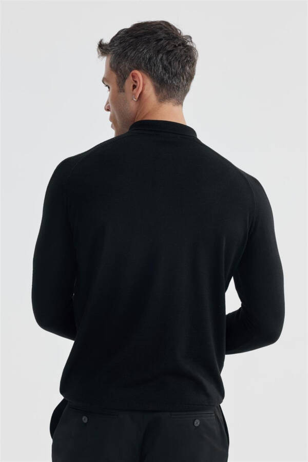 Black Slim Fit Wool Patterned Polo Neck Sweater - 4