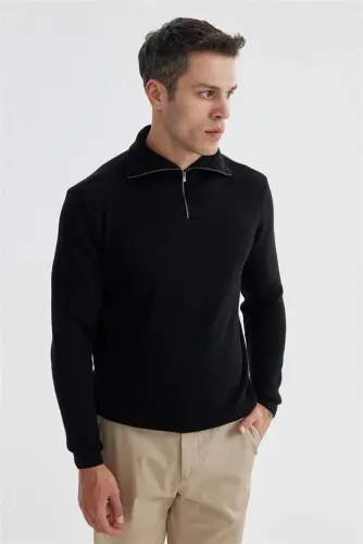 Black Slim Fit Wool Zip Neck Knitwear - JAKAMEN (1)
