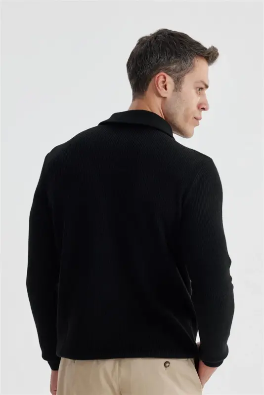 Black Slim Fit Wool Zip Neck Knitwear - 4