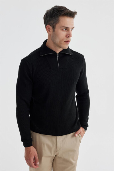 Black Slim Fit Wool Zip-Up Funnel Neck Jumper - 2