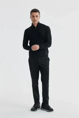 Black Slim Fit Zip Up Stand Collar Knitted Pullover - 2