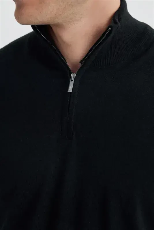 Black Slim Fit Zip Up Stand Collar Knitted Pullover - 3