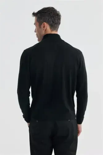 Black Slim Fit Zip Up Stand Collar Knitted Pullover - 4