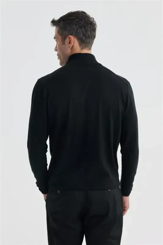 Black Slim Fit Zip Up Stand Collar Knitted Pullover - 4