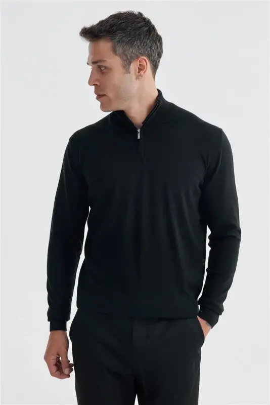 Black Slim Fit Zip Up Stand Collar Knitted Pullover - JAKAMEN