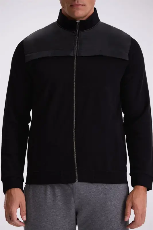 Black Slim Fit Zippered Cotton Lycra Jogging Top - 3