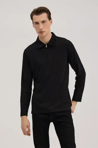 Black Slim Fit Zippered Polo Neck Sweatshirt - 1