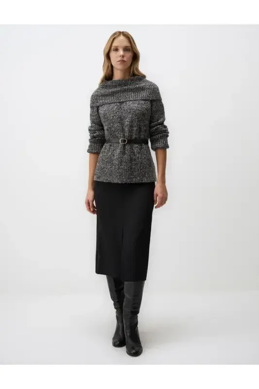 Black Slit Detail Slim Fit High Waist Midi Skirt - JIMMY KEY