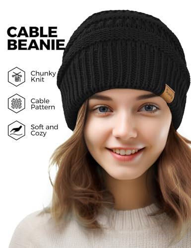 Black Slouchy Beanies for Women Cable Knit Winter Hats Ladies Gifts Oversized Chunky Skull Cap Thick Warm Stocking Caps for Cold Weather Cute Fashionable Spring Fall Beanies Hat Snow Caps Christmas - 2