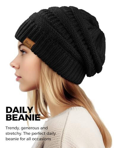 Black Slouchy Beanies for Women Cable Knit Winter Hats Ladies Gifts Oversized Chunky Skull Cap Thick Warm Stocking Caps for Cold Weather Cute Fashionable Spring Fall Beanies Hat Snow Caps Christmas - 3