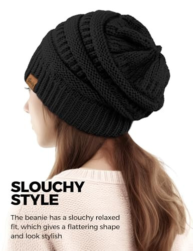 Black Slouchy Beanies for Women Cable Knit Winter Hats Ladies Gifts Oversized Chunky Skull Cap Thick Warm Stocking Caps for Cold Weather Cute Fashionable Spring Fall Beanies Hat Snow Caps Christmas - 4