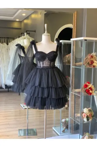 Black Smocked Lace Trim Mini Night and Party Dress-black 