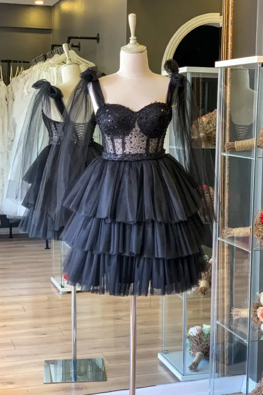 Black Smocked Lace Trim Mini Night and Party Dress-black - 3