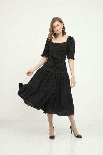 Black Square Neck Midi Dress - MANGOSTEEN