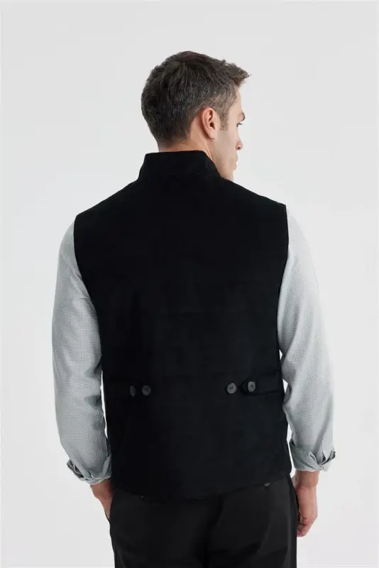 Black Stand Collar Double Sided Slim Fit Waistcoat - 1