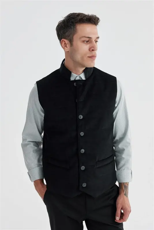 Black Stand Collar Double Sided Slim Fit Waistcoat - 4