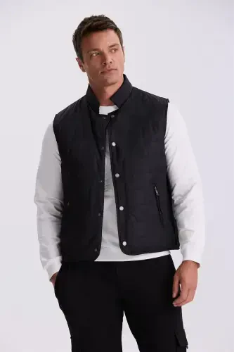Black Stand Collar Fiber Slim Fit Vest - 3