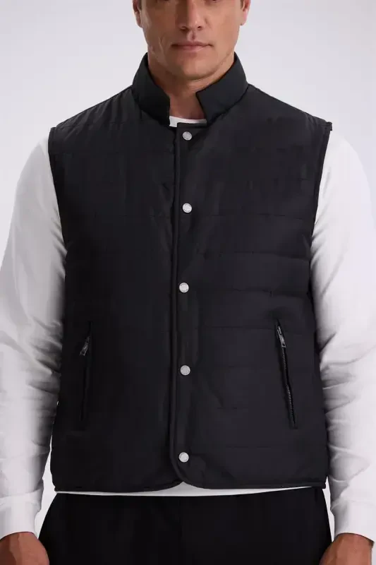Black Stand Collar Fiber Slim Fit Vest - 4