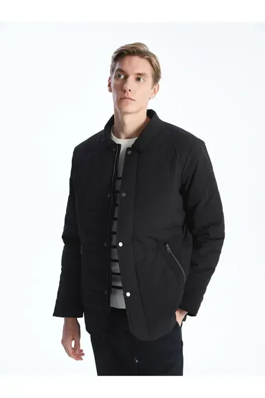 Black Standard Fit Shirt Collar Men's Jacket-Black - 1