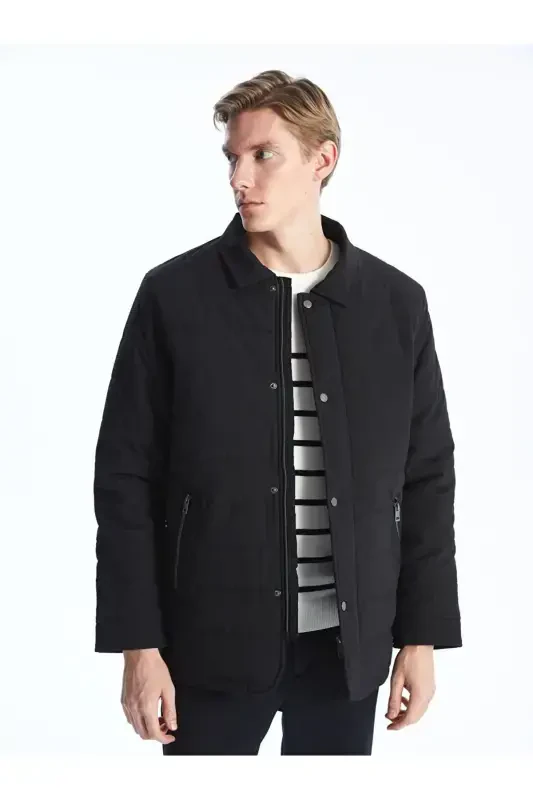 Black Standard Fit Shirt Collar Men's Jacket-Black - 2