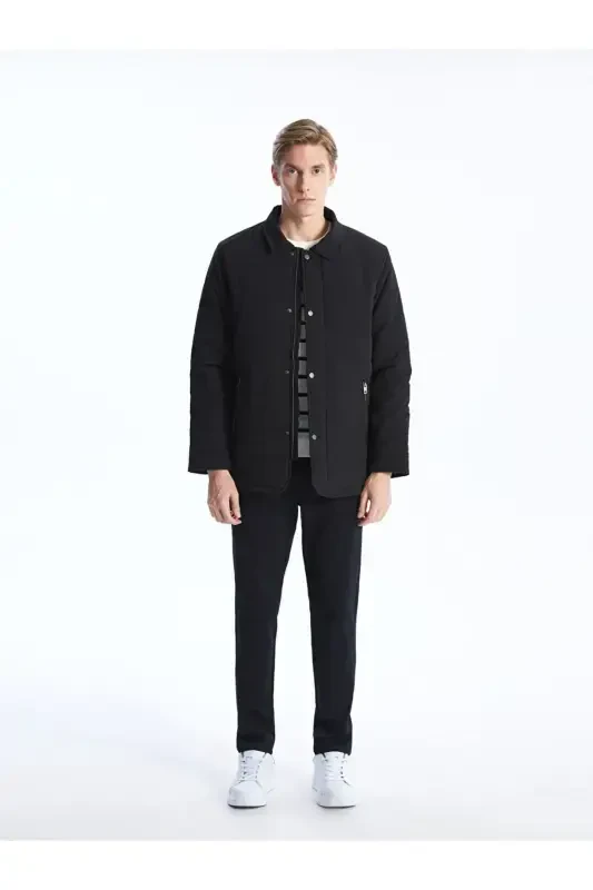 Black Standard Fit Shirt Collar Men's Jacket-Black - 3