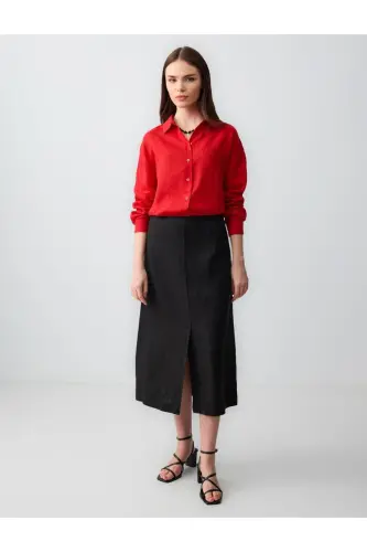 Black Straight Cut Regular Waist Woven Midi Linen Skirt - 1