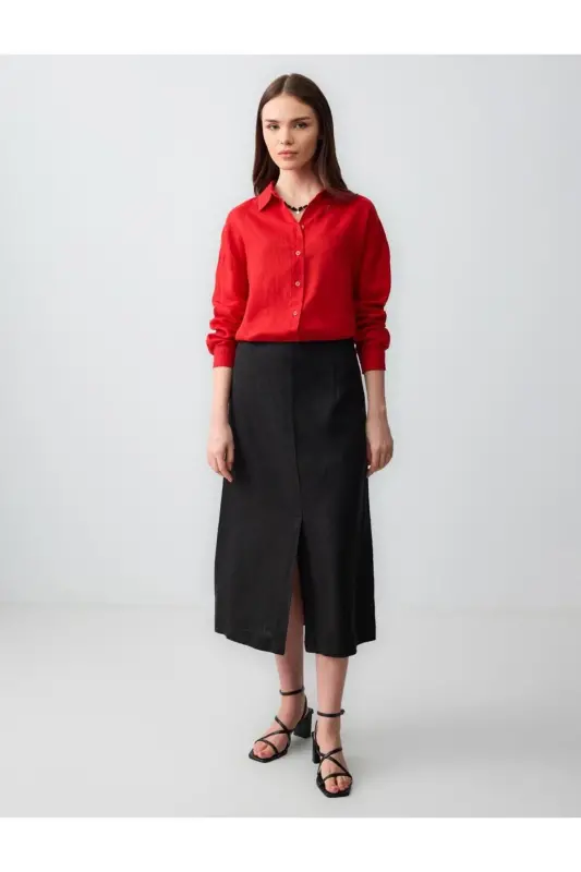 Black Straight Cut Regular Waist Woven Midi Linen Skirt - 1