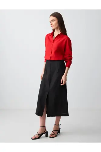 Black Straight Cut Regular Waist Woven Midi Linen Skirt - JIMMY KEY (1)