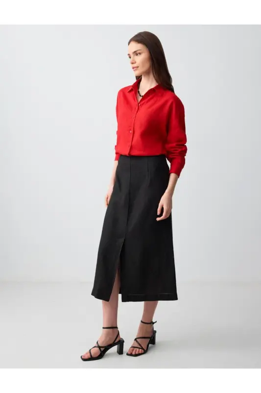 Black Straight Cut Regular Waist Woven Midi Linen Skirt - 2