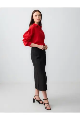 Black Straight Cut Regular Waist Woven Midi Linen Skirt - 3