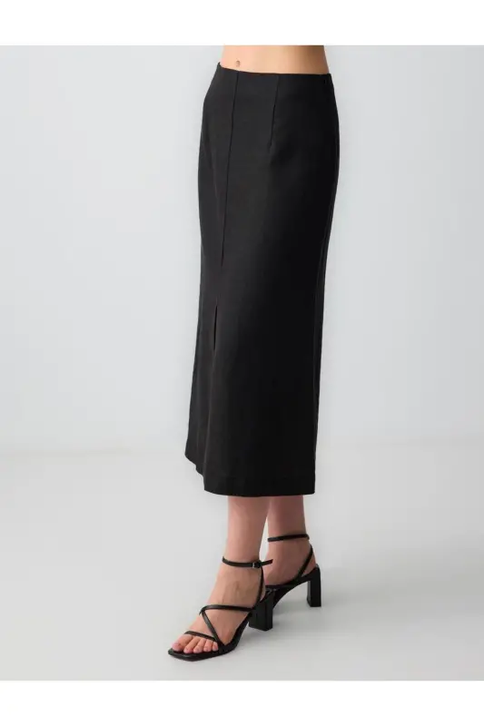 Black Straight Cut Regular Waist Woven Midi Linen Skirt - 4