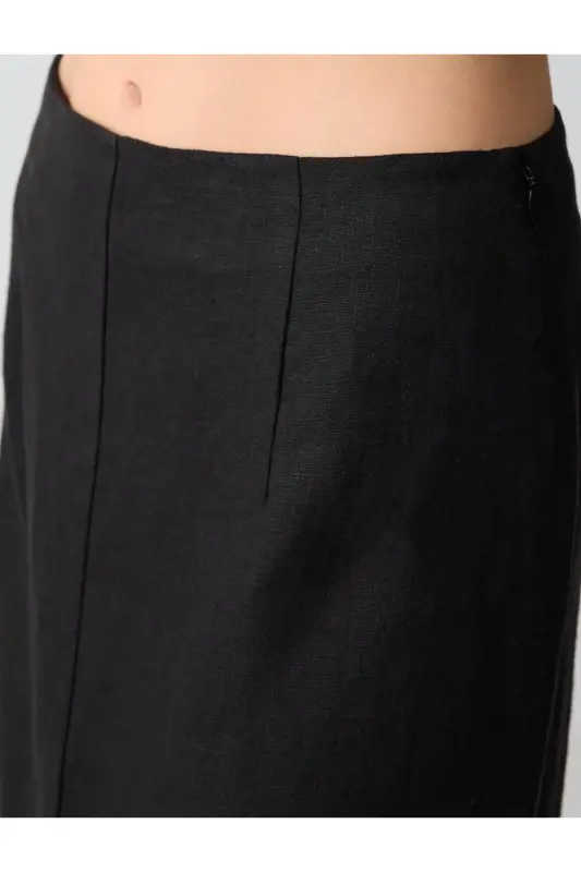Black Straight Cut Regular Waist Woven Midi Linen Skirt - 5