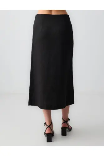 Black Straight Cut Regular Waist Woven Midi Linen Skirt - 6