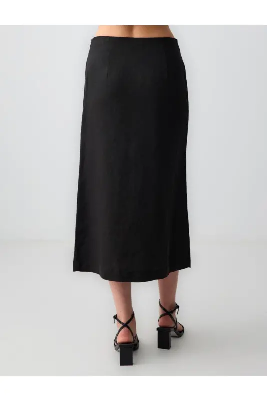 Black Straight Cut Regular Waist Woven Midi Linen Skirt - 6
