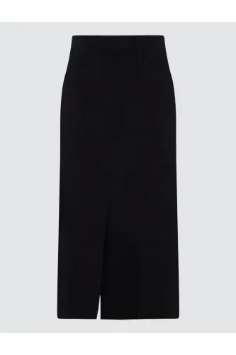 Black Straight Cut Regular Waist Woven Midi Linen Skirt - 7