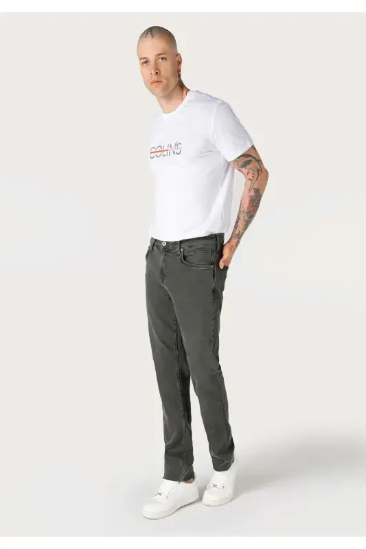 Black, straight leg, low rise, regular fit trousers for men. - 3