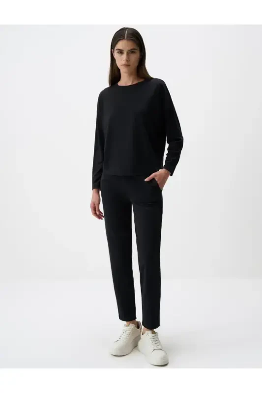 Black Straight Leg Regular Fit High Waisted Knitted Pants - 1