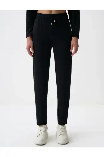 Black Straight Leg Regular Fit High Waisted Knitted Pants - 4