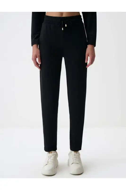 Black Straight Leg Regular Fit High Waisted Knitted Pants - 4